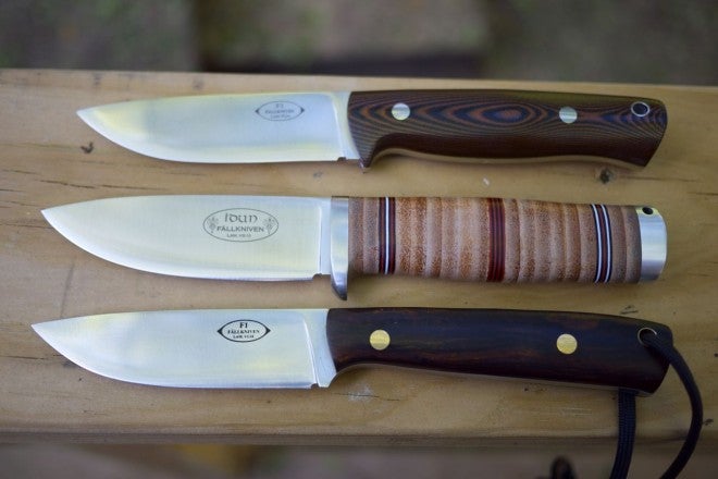 From top to bottom, F1 with canvas micarta handle, Idun, F1 with desert ironwood handle.