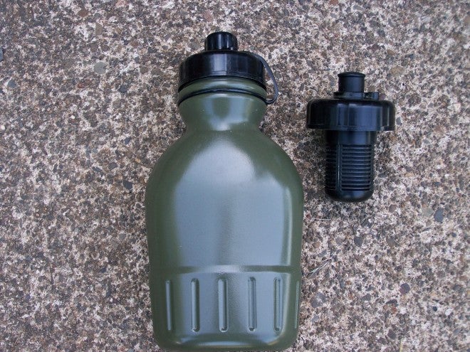 This is Cascio's favorite product from Clearly Filtered - he's old school, and carries a pistol belt with ALICE gear on it - including a canteen carrier, and the Clearly Filtered Canteen fits perfectly in the canteen carrier, and it can filter up to 100-gallons of water, too.
