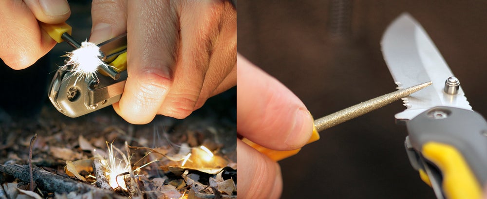 Includes a fire starter and a diamond sharpener.