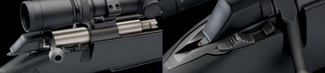 Plenty of scope clearance when the bolt is open (L); safety, bolt release, and cocking indicator (R)