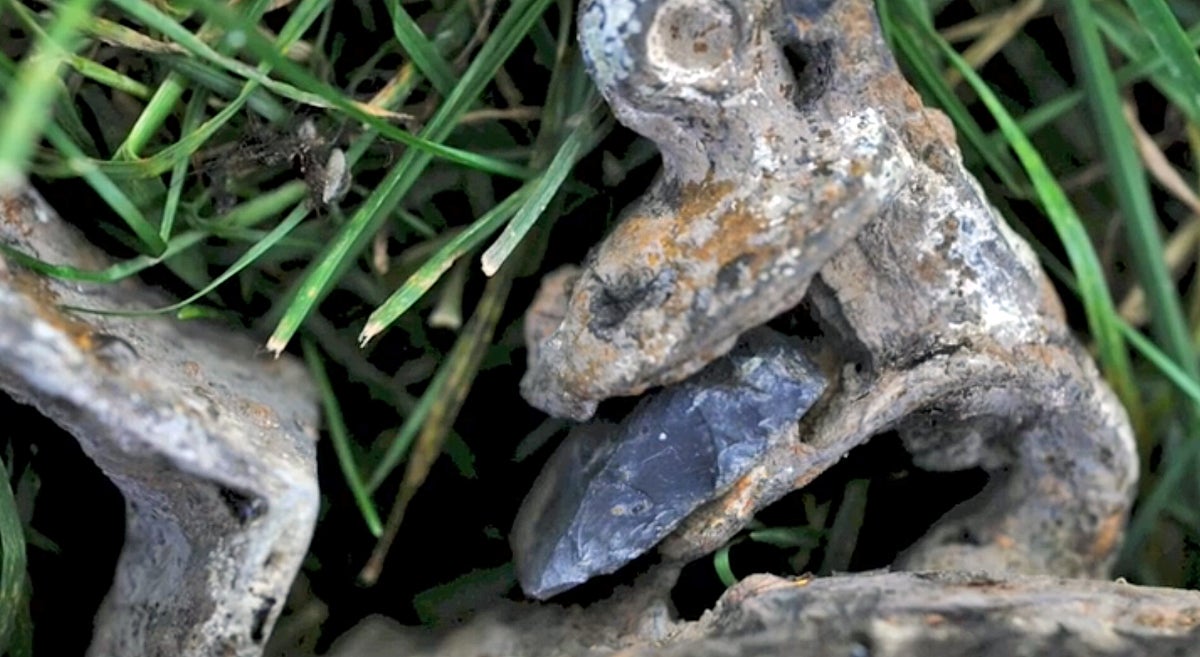 The old rusty flintlock still has a flint in the cock.