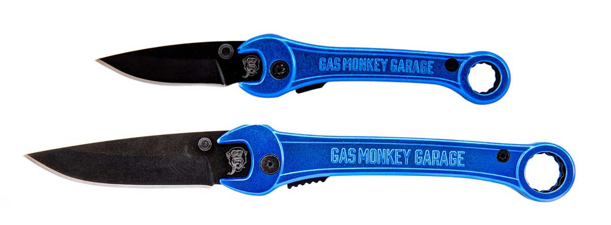 A pair of GATCO liner-lock Gas Monkey Garage knives 