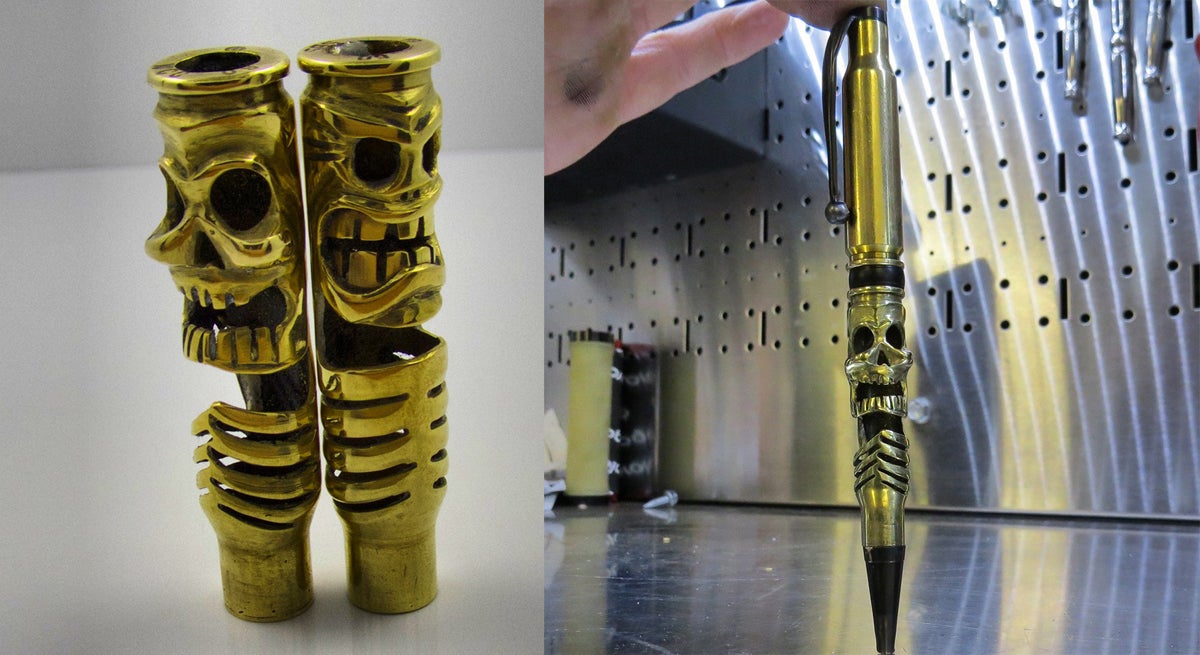 Some pen bodies made of 308 brass, and a mockup of a 308 pen. 