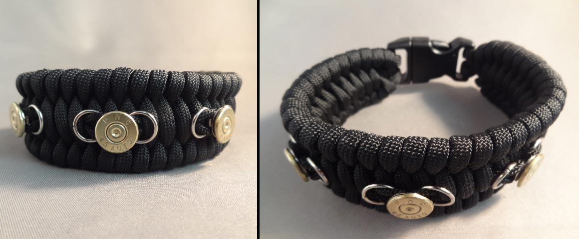 Paracord bracelet with three case heads (9mm, 40 S&W, or 45 ACP) available in various colors. (Photo: High Caliber Creations)