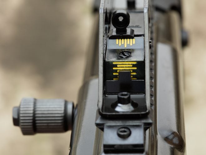 The rear sight is adjustable and even has a scale to make adjustments repeatable.