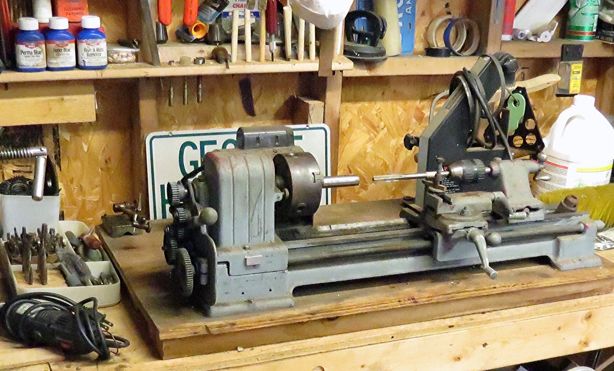 George's lathe with barrel and reamer. Photo © Russ Chastain