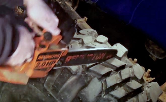 Watch: Redneck + Chainsaw = New Tire Treads