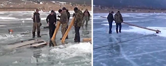 Watch These Russians Pull a Sunken Vehicle From a Frozen Lake — By Hand!