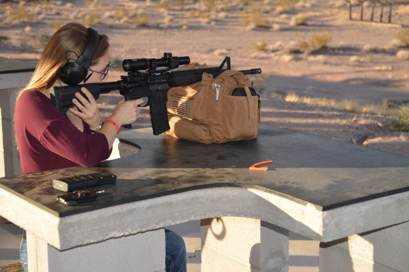 A shooter tries out the SAINT at the recent Springfield Armory media event in Las Vegas