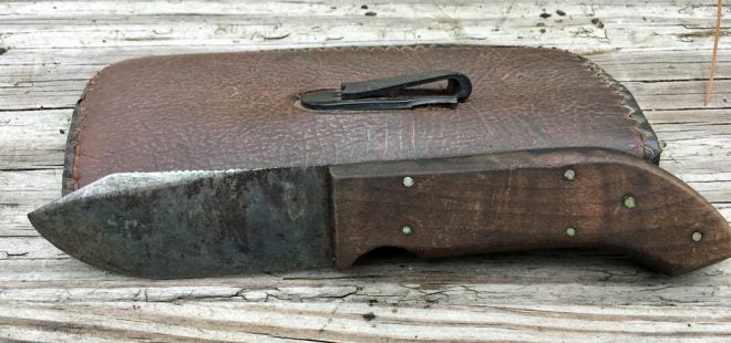 Homemade skinning knife made from a saw blade. (Photo © Russ Chastain) 