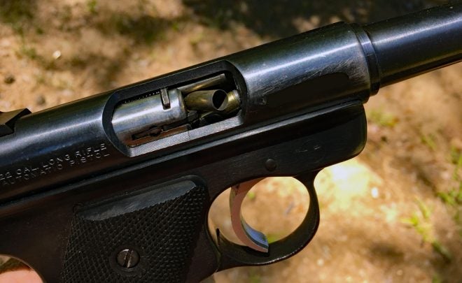 Ruger pistol stovepipe jam. (Photo © Russ Chastain)