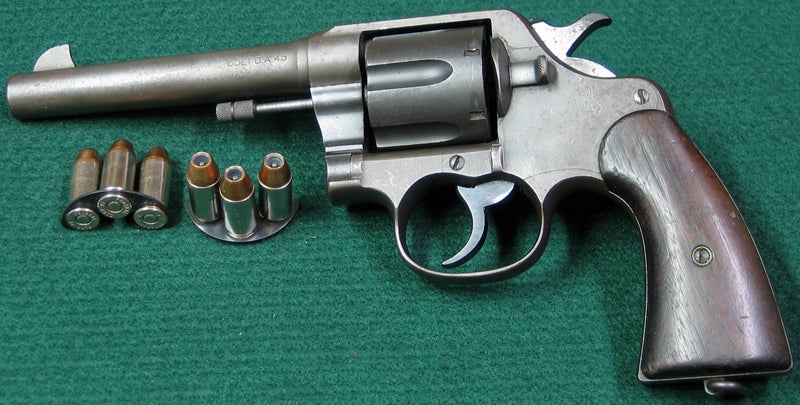 Colt Model 1917 Army New Service Model 45 ACP double action revolver (ammo is in half moon clips). (Photo © Russ Chastain) 