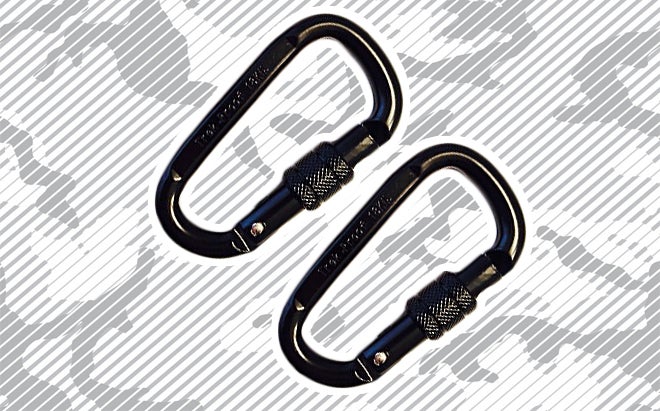 TrekProof carabiner clip two-pack on urban camo background