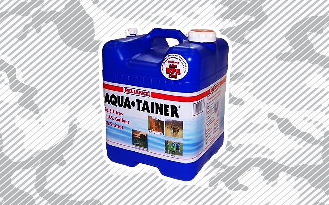 Reliance Aqua-Tainer seven-gallon rigid water container on urban camo background