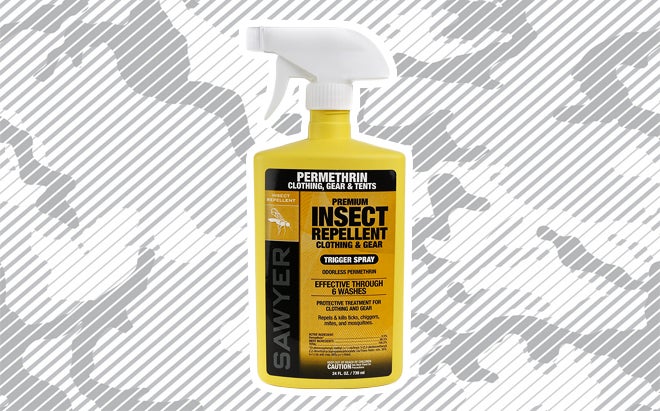Sawyer permethrin premium insect repellent for clothing and gear on urban camo background