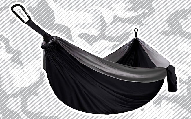 Gold Armour XL double parachute camping hammock on urban camo background