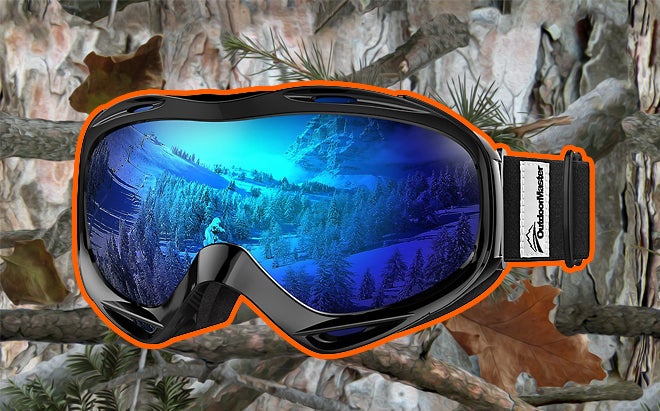 OutdoorMaster OTG Ski Goggles on realistic 3D forest camo background