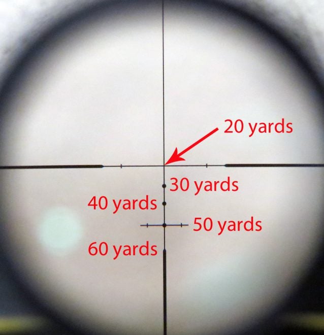 A more complex reticle, in a crossbow scope. Scopes like this allow you to compensate for your projectile's drop (similar reticles are available for firearms). Photo © Russ Chastain