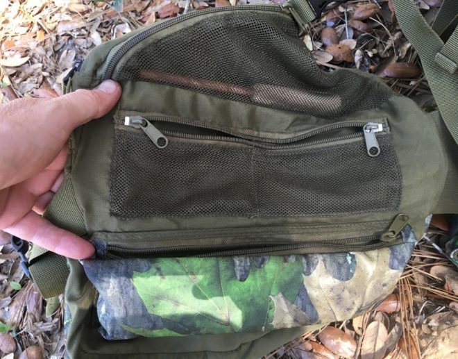 Inside of right side has a triangular mesh pocket, two smaller mesh pockets, and a long horizontal pocket. (Photo © Russ Chastain)