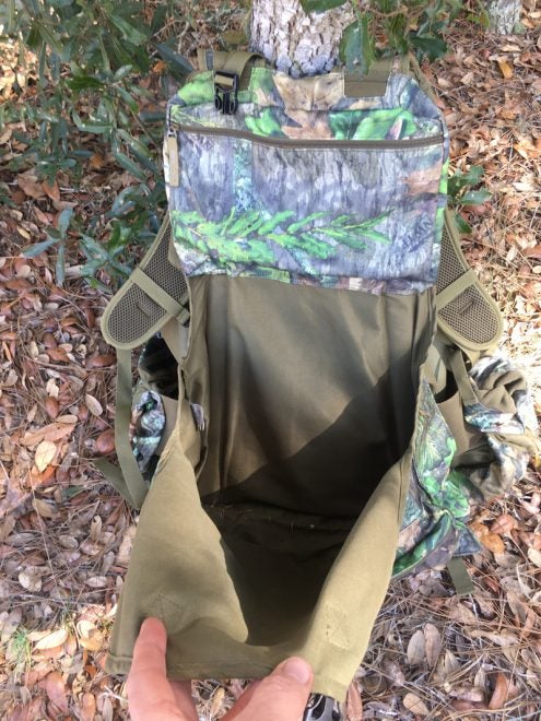 Generous rear pouch with quick-release buckles at the top, for decoys or carrying out your kill. (Photo © Russ Chastain)