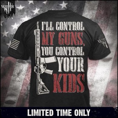Warrior 12 displaying their "I'll Control My Guns" t-shirt on their Facebook page.