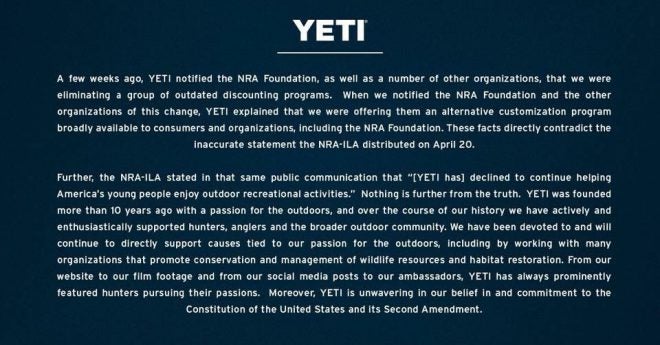 Yeti Doesn’t Hate the NRA!