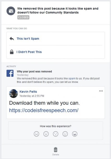 Facebook blocking Code Is Free Speech