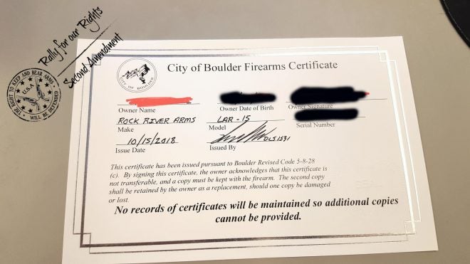 City of Boulder “Firearms Certificate”