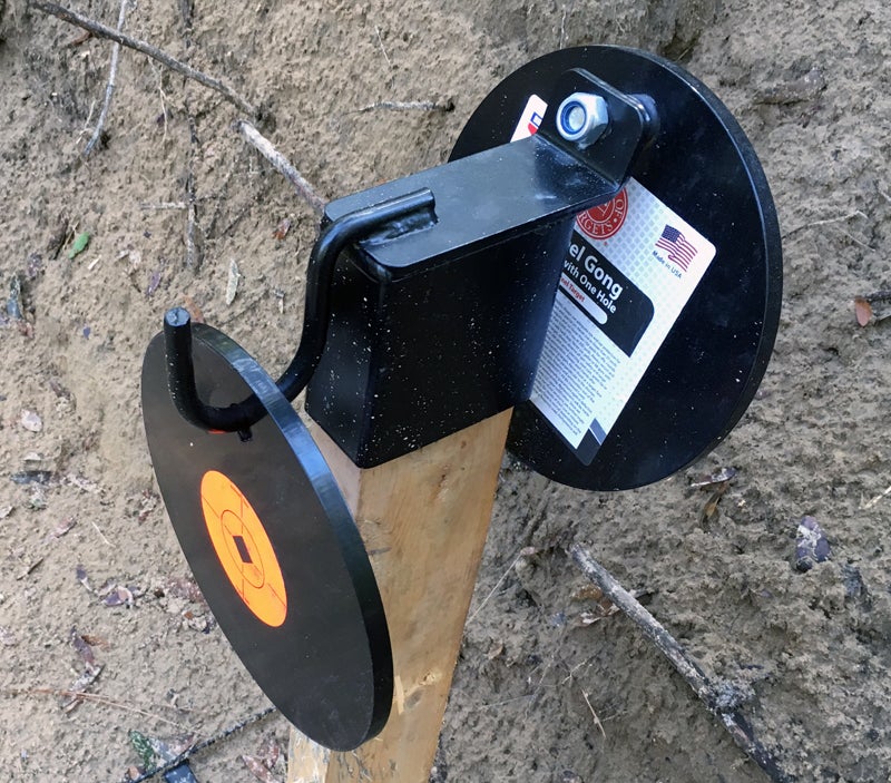 Birchwood Casey 2-in-1 Steel Gong Hanger with a steel gong on the hook.