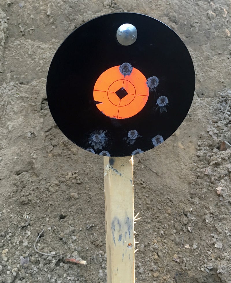 Birchwood Casey 8" Round 3/8" AR500 Steel Gong after a few shots.