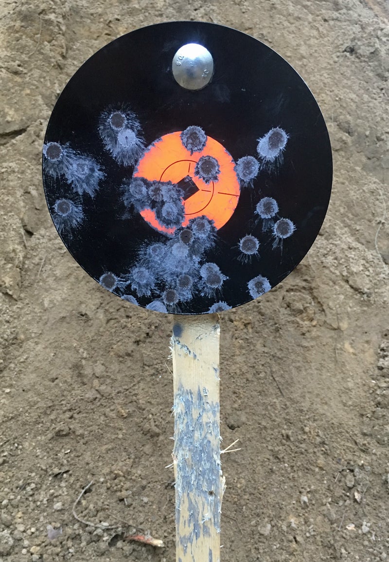 Birchwood Casey 8" Round 3/8" AR500 Steel Gong after several shots.