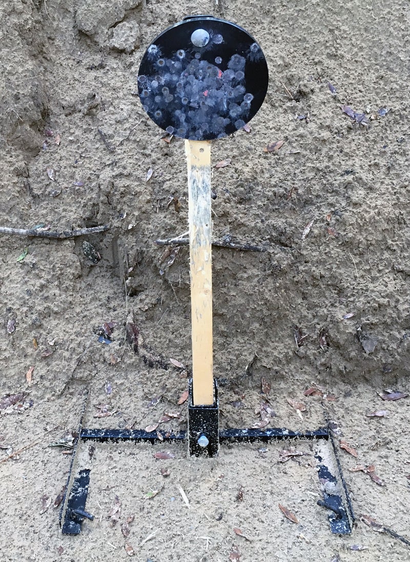 This Birchwood Casey Steel Gong has been hit many times, but it doesn't care.