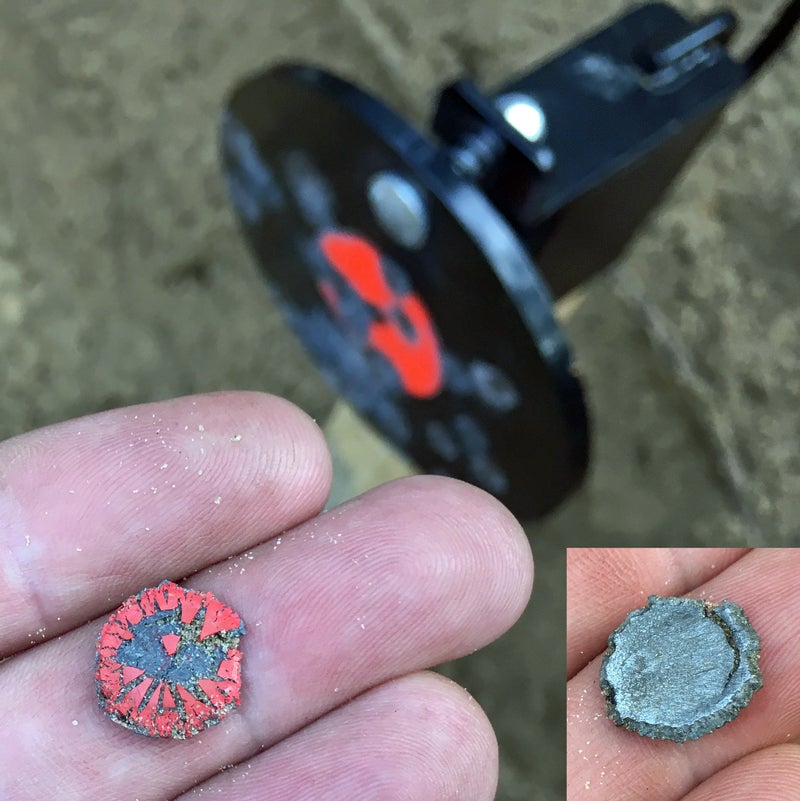 This is what a Federal American Eagle 115-grain Syntech TSJ (Total Synthetic Jacket) bullet looks like after hitting a steel target.