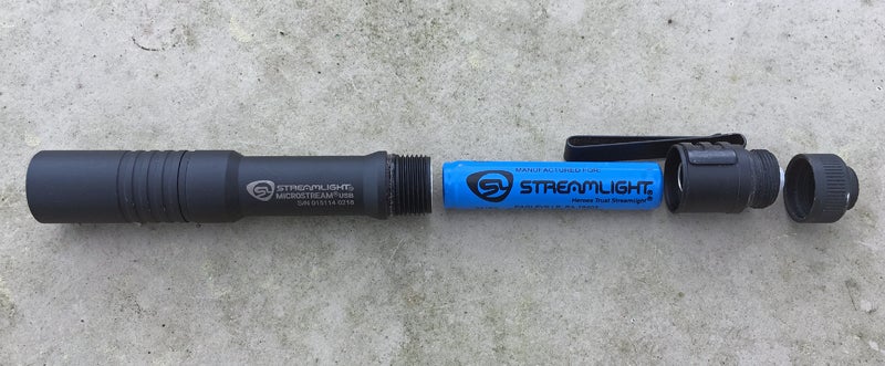 Streamlight MicroStream USB pocket flashlight disassembled.