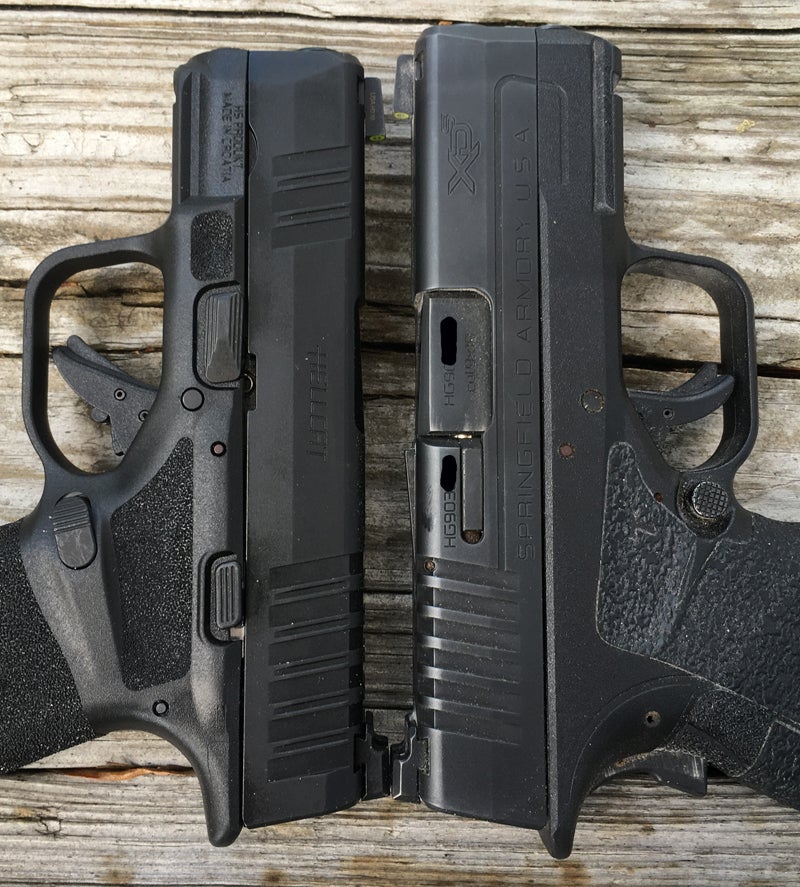 Springfield Armory Hellcat left, XD-S Mod.2 3.3 right. (Photo © Russ Chastain)