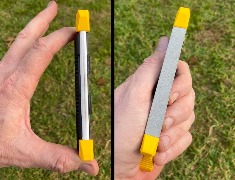 I have large hands, and it's a stretch for me to hold it between thumb and forefinger; I prefer the grip shown on the right. (Photo Russ Chastain)