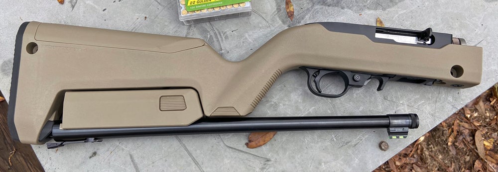 The Magpul stock allows the two parts of the 10/22 to nest together. (Photo © Russ Chastain)