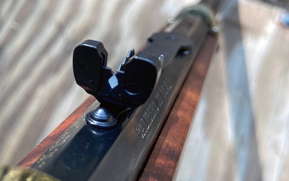 The rear sight is called "semi-buckhorn" and has a white diamond painted on. (Photo © Russ Chastain)