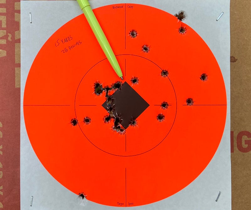 15-yard 28-round group fired with the Hellcat. Fisher Space Pen indicates point of aim. (Photo © Russ Chastain)