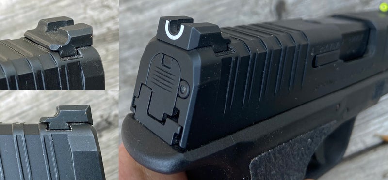 Tactical-Rack rear sight has a white U formed and painted, and can be used to rack the slide one-handed. (Photo © Russ Chastain)