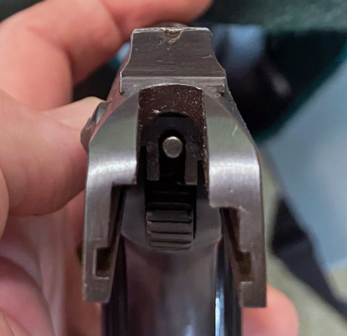 The rear sight on this Zastava M57 didn't have a notch... but it did have an odd depression where the notch should have been. (Photo © Russ Chastain)