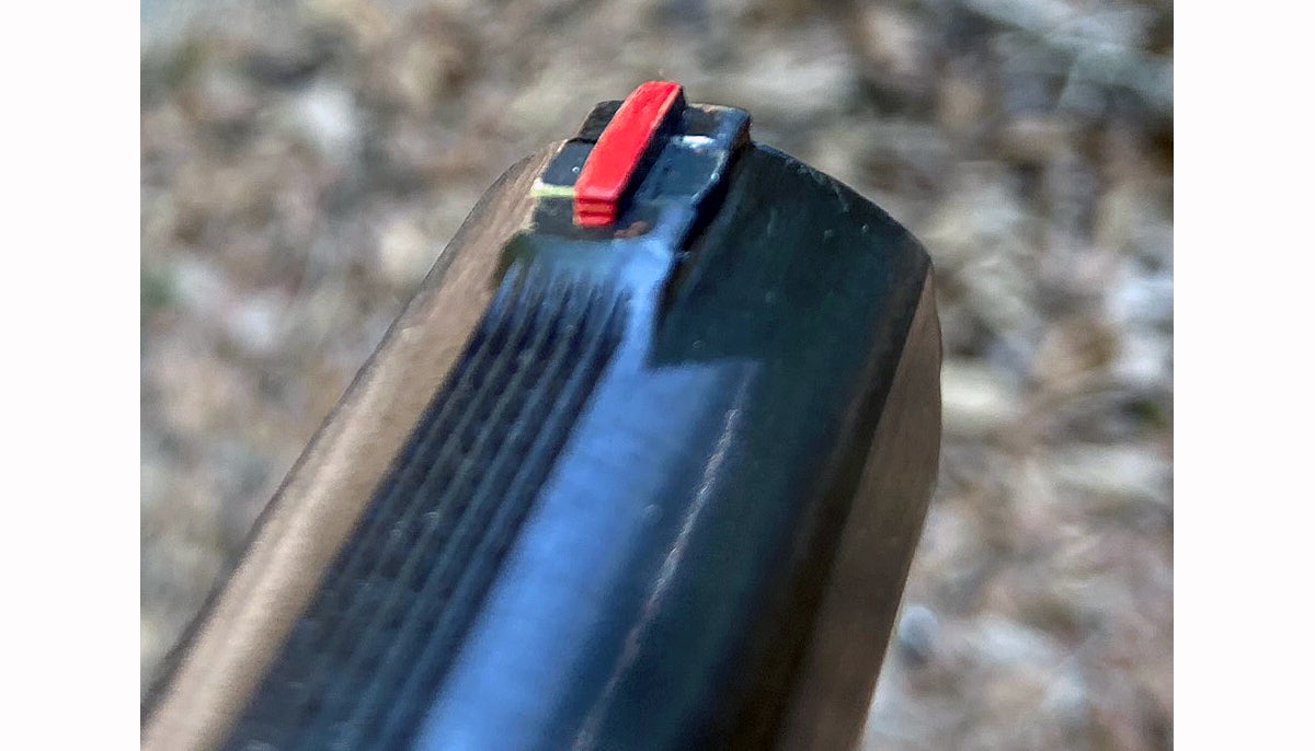 Testors red model paint on the low-profile front sight. Next time I think I'll paint it white. The red was too dark for that deep rear sight notch. (Photo © Russ Chastain)