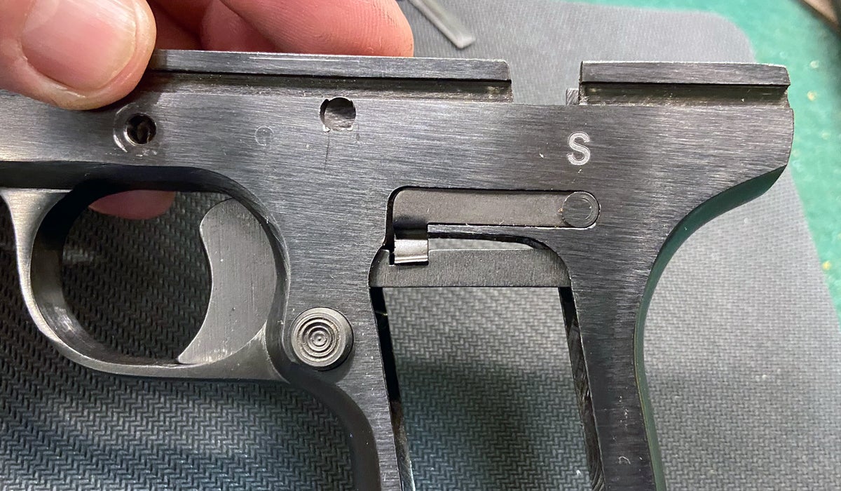With pistol disassembled, left side of frame looks like this. (Photo © Russ Chastain)