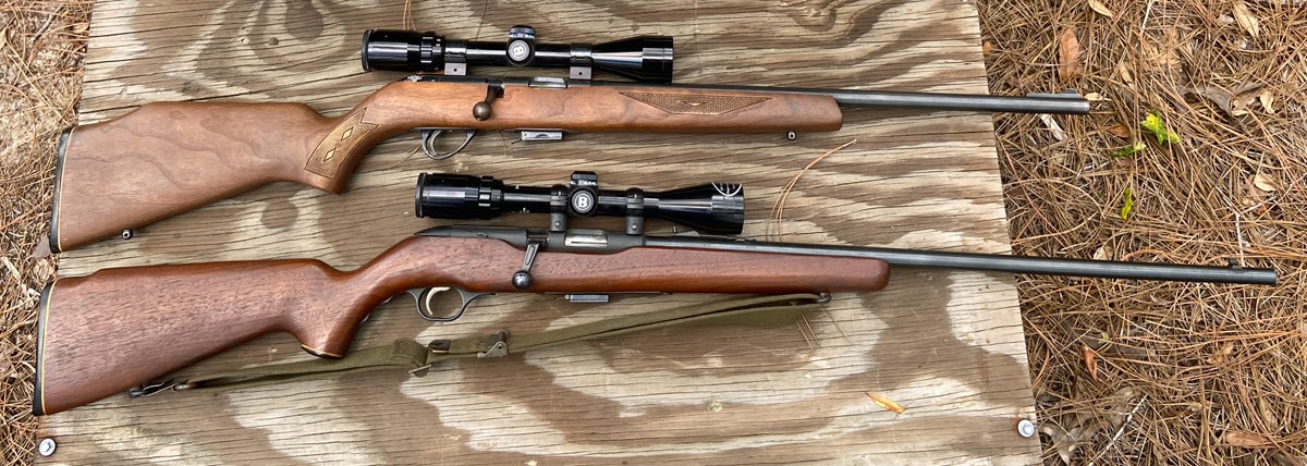 Savage Model 65M (top) and Mossberg Chuckster Model 640KA bolt action 22 Magnum rifles. (Photo © Russ Chastain)