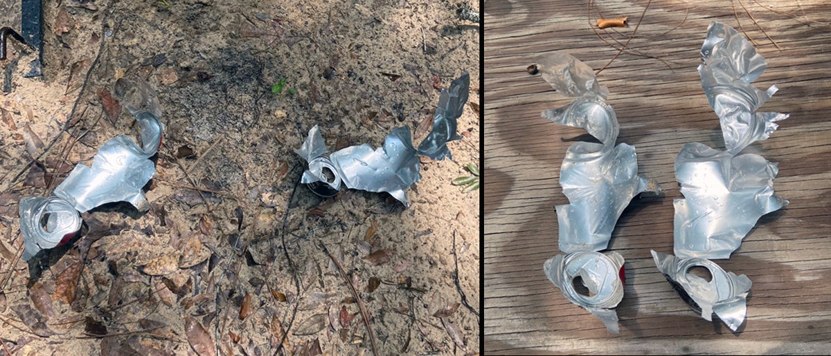 This pair of cans ruptured almost identically. One was shot with VNT, the other with Winchester Super-X JHP. (Photo © Russ Chastain)