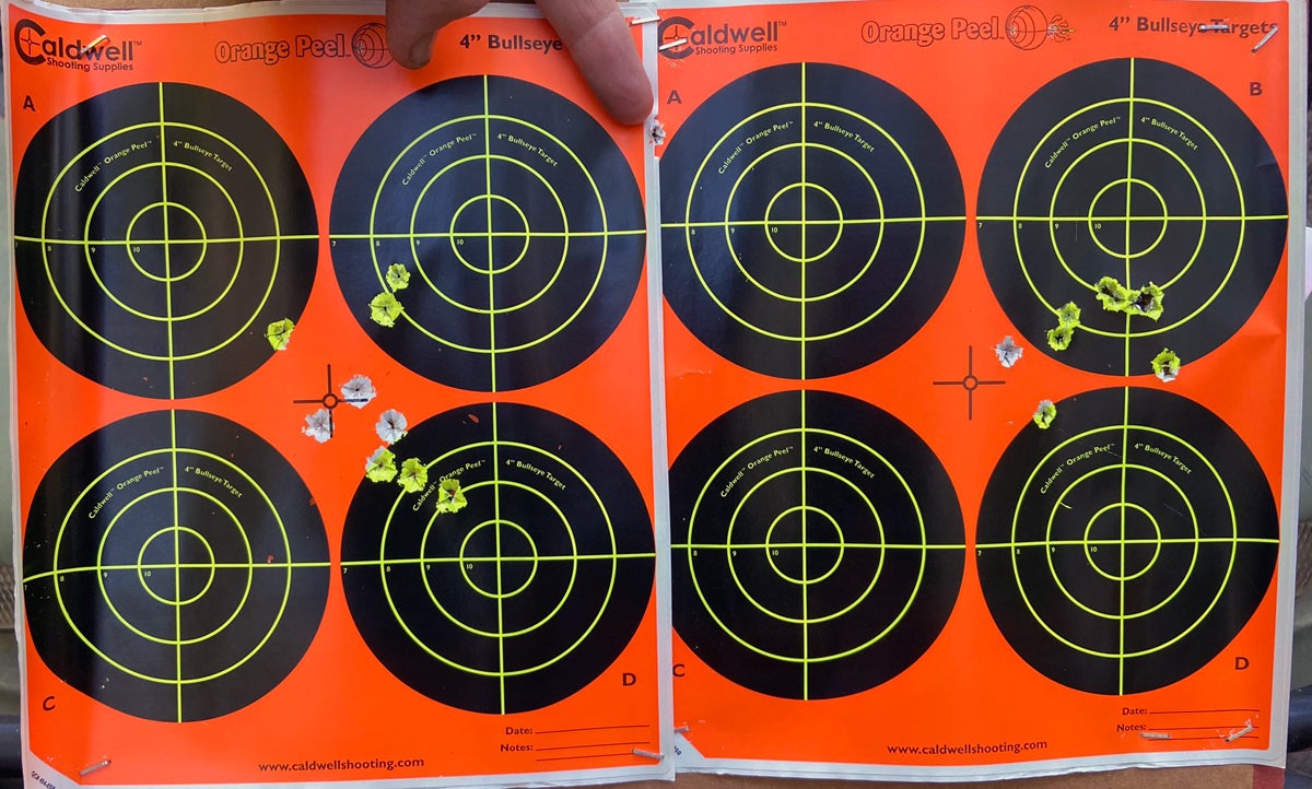 Ten-shot groups fired at 100 yards aiming at center of targets. Left Mossberg group inexplicably large, with a high-right flyer on the edge of the target. Savage group much better. (Photo © Russ Chastain)