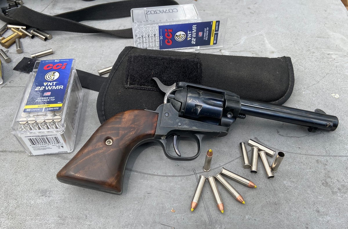 Colt Frontier Scout '62 single action 22 magnum revolver with CCI VNT ammo. (Photo © Russ Chastain)