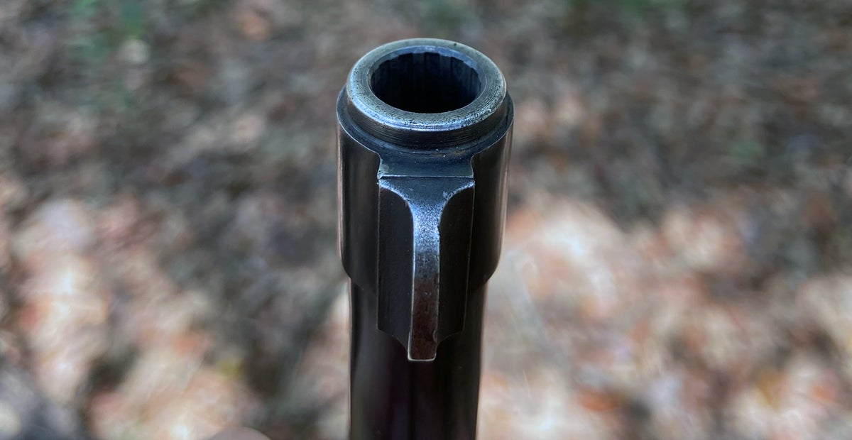 Bluing worn from muzzle and front sight of Ruger 44 magnum carbine. (Photo © Russ Chastain)