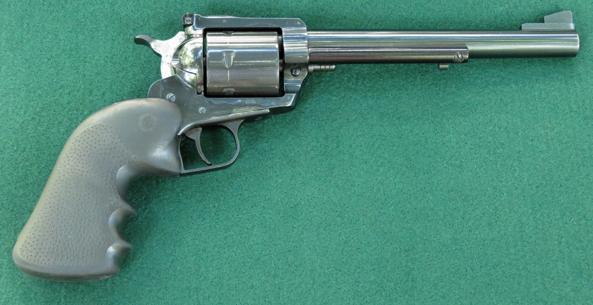 Right side of Ruger New Model Super Blackhawk 44 magnum single action revolver. (Photo © Russ Chastain)