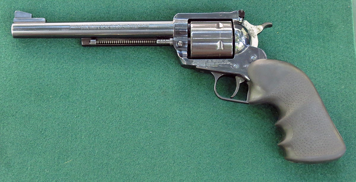 Left side of Ruger New Model Super Blackhawk 44 magnum single action revolver. (Photo © Russ Chastain)